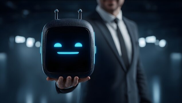 Businessman in suit holding a futuristic small robot head with glowing blue digital interface.