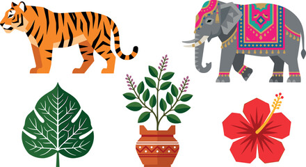 Fototapeta premium Indian Culture and Wildlife Vector Element Set with Bengal Tiger Decorated Festival Elephant Holy Tulsi Pot Hibiscus Flower and Sacred Peepal Leaf