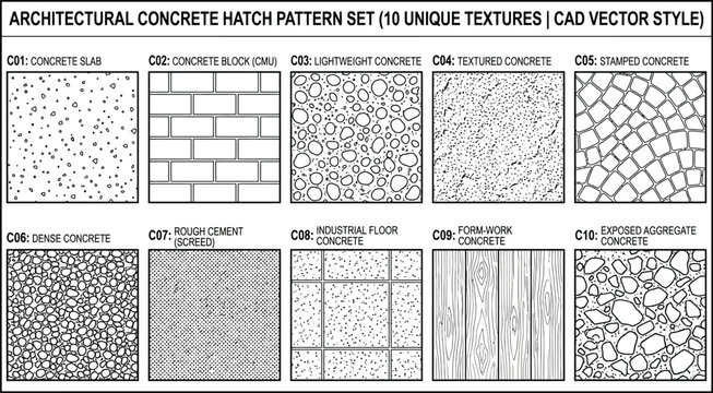 Architectural concrete hatch pattern set featuring ten unique textures for cad vector style drawings including concrete slab and block and stamped concrete finishes