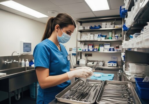 Nurse wearing surgical mask and sterile gloves organizing medical instruments in hospital.