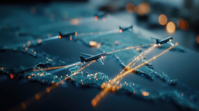 A photorealistic macro view of a digital world map featuring flying airplanes and glowing golden flight paths. The cinematic aviation network highlights global connectivity in a futuristic