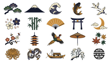 Obraz premium Set of Asian cultural symbols and elements for design including nature objects and traditional motifs