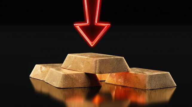 Stacked gold bars are illuminated by dramatic lighting with a red downward arrow. This photorealistic image illustrates a sharp decline in gold value and market loss.