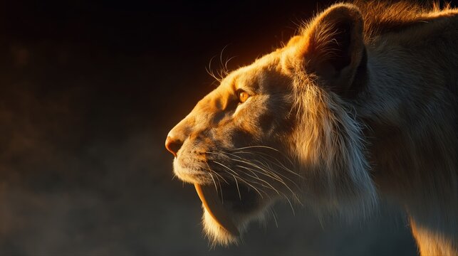 Ultra realistic side profile of a sabertooth tiger with massive fangs and glowing amber eye. Cinematic lighting and dramatic mist highlight this prehistoric predator.