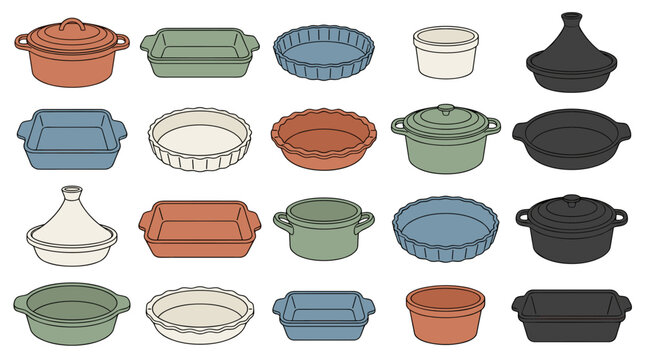 Illustration Set of Various Kitchen Bakeware and Cookware Designs in Muted Tones