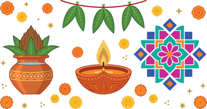 Indian Festival Vector Element Set with Diya Oil Lamp Kalash Pot Rangoli Art Mango Leaf Toran and Marigold Flowers for Diwali and Akshaya Tritiya