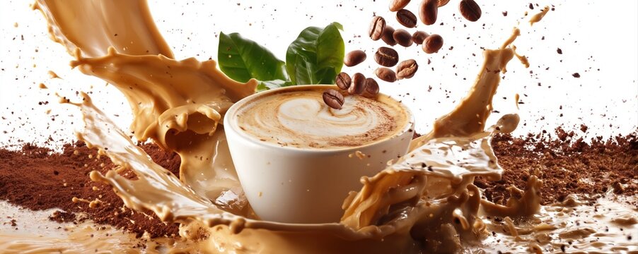 A dramatic coffee splash surrounds a cappuccino cup with intricate latte art and flying beans. Ultra-realistic high-speed photography highlights rich coffee waves and vibrant leaves.