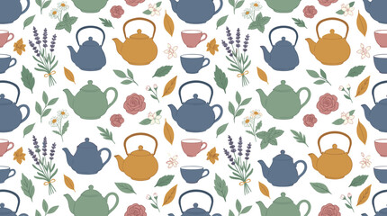 Fototapeta premium Charming Tea Time Pattern: Teapots Mugs Lavender and Delicate Botanicals