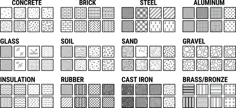 Universal architectural and engineering material hatch pattern library featuring concrete brick steel glass and soil textures for professional blueprints
