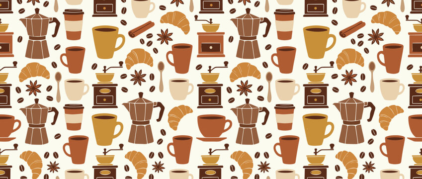 Charming seamless pattern with coffee elements mugs croissants and spices