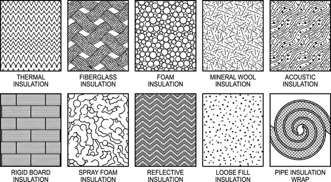 Thermal insulation material hatch pattern collection for architectural blueprints featuring fiberglass and foam and mineral wool and pipe insulation textures