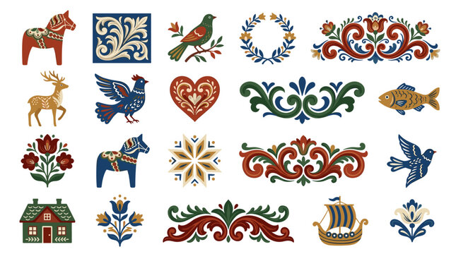 Collection of Folk Art Elements: Ornate Floral Scrolls Animals and Traditional Motifs