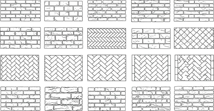 Professional brickwork and stone masonry hatch pattern library for architectural design featuring various bond patterns and weathered stone textures for cad