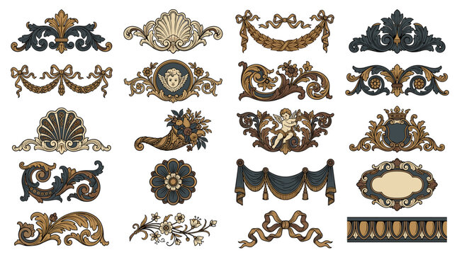 A collection of ornate classic baroque and rococo decorative vector elements