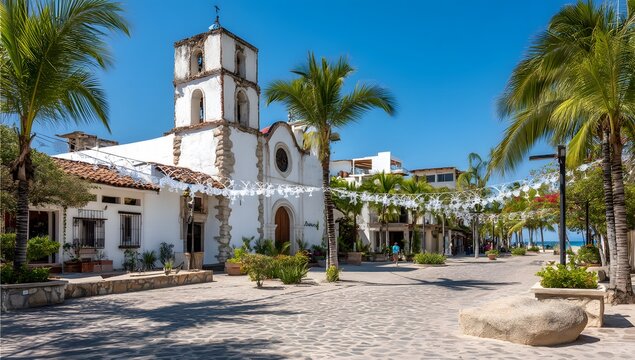Beautiful colonial style church in a sunny Mexican town plaza.