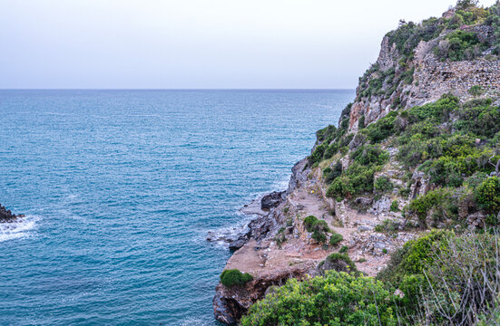 The scenic views of Aytap (iotape) is popular for camping, swimming in the natural caves, the local beaches, and the ancient ruins, located east of Alanya, in the Mediterranean Region, Turkey. 