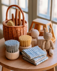 Fototapeta premium Baby Bath Basket with Towels Brushes and Bunny Toy