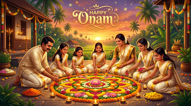 Joyful family creating floral rangoli during traditional Onam celebration in tropical village setting