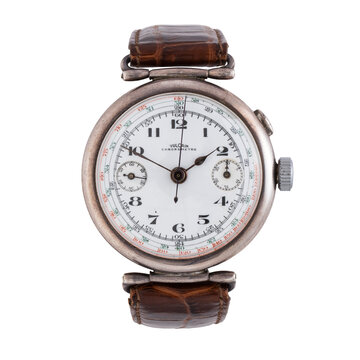Vulcain hand-wound watch, 1930s, silver case with porcelain dial. Milan, Italy, February 25, 2026