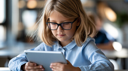 Fototapeta premium Close-up of a young girl in glasses focused on a tablet during class with sunlight stripes falling across the desk, focused learning concept, tablet classroom photography, bright