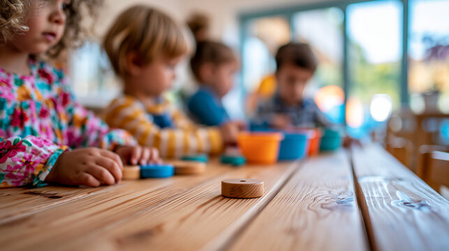 Close-up of young children playing together at a wooden table in a bright modern learning environment, early learning concept, child table photography, kindergarten lifestyle