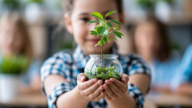 Close-up of a shy faceless primary school girl showcasing knowledge of ecology in front of her class, environmental science concept, ecology lesson photography, smart student