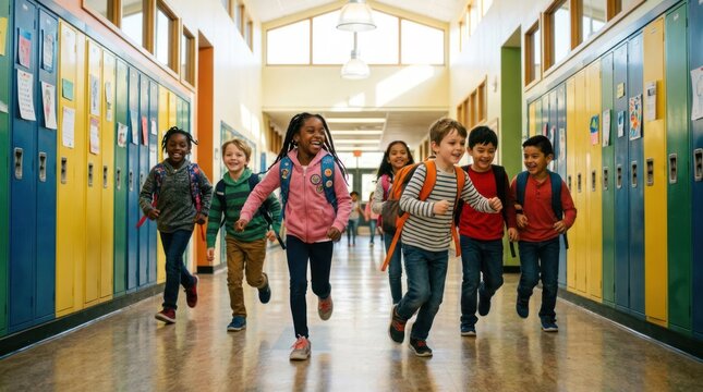 Diverse group of happy elementary school children running down a colorful school hallway.