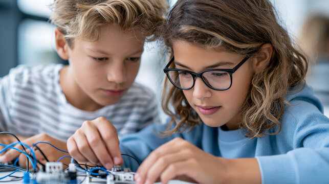 Close-up of diverse children collaborating on building electronic circuits and robots for a STEM project, STEM teamwork concept, circuit building photography, engineering