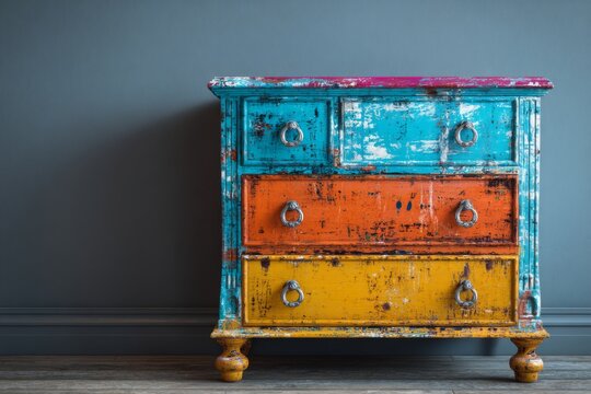 Colorful dresser with bright drawers placed against a grey wall in a room