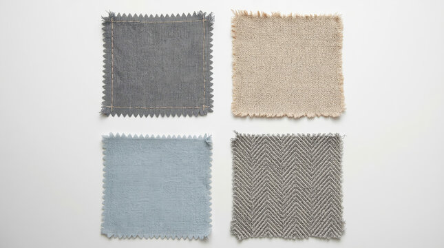 rectangular fabric swatches arranged in a 2x2 grid on a plain white background. The top left swatch is a textured gray fabric with visible stitching lines. The top right swatch is a beige fabric with 
