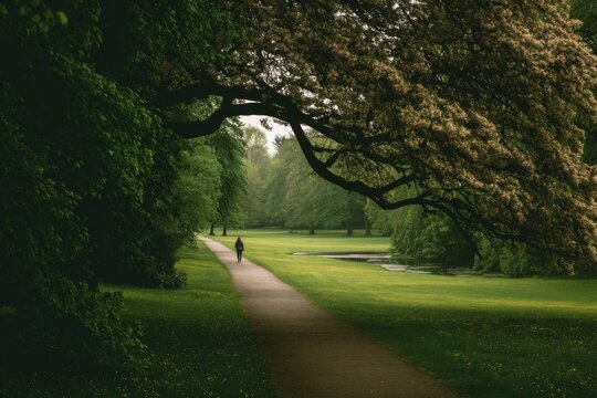 Person walks along a path under trees in a green park during overcast weather in springtime
