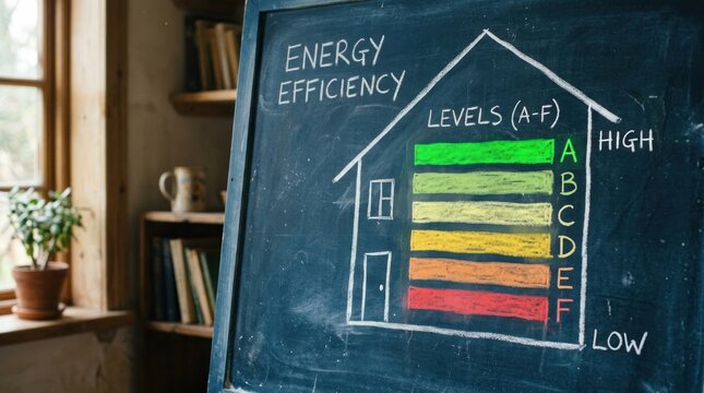 Energy Efficiency House Diagram Chalkboard Illustration.