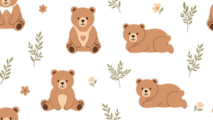 Obraz premium Charming seamless pattern featuring cute brown teddy bears in various poses among green sprigs and small flowers on white.