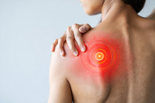 Back View of Woman Touching Painful Shoulder with Circular Red Heat Map Target Graphic