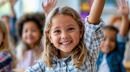Fototapeta premium Close-up of a diverse group of smiling elementary students raising hands in a classroom, active participation concept, raised hands photography, engaged learning visualization,
