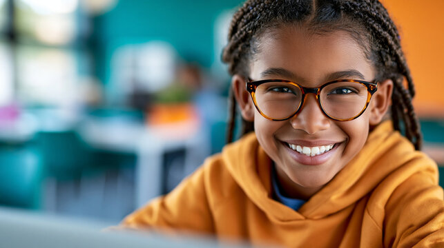 Close-up of a smiling African female child wearing glasses at a laptop in a classroom with teal and orange background, diverse digital student concept, African girl laptop