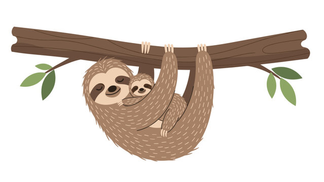 Adorable sloth mother and her baby hanging together from a brown tree branch in a peaceful forest setting illustration.