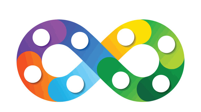 Colorful infinity loop infographic design with seven blank circular steps for business data process presentation