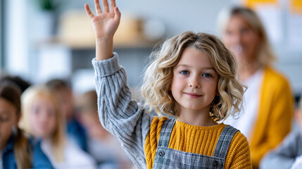 Fototapeta premium Close-up of a girl learning with a teacher in a classroom with hands raised, learning support concept, teacher and girl photography, scholarship and knowledge visualization,