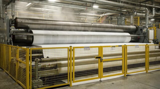 Medium frame showing safety barriers around dryer section steam cylinders emphasizing industrial safety with rows of heated drums drying paper web.