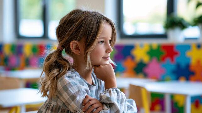 Close-up of a girl sitting in a classroom with a colorful puzzle wall and large windows, bright classroom concept, puzzle wall photography, primary school lifestyle, defocused