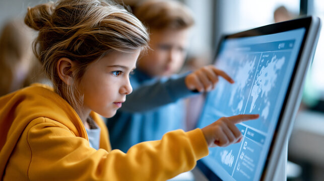 Close-up of children engaged in interactive learning with a digital display in a classroom, EdTech concept, classroom display photography, digital learning lifestyle, defocused
