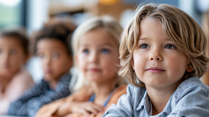 Obraz premium Close-up of a diverse group of young elementary students paying attention in a modern bright classroom, classroom attention concept, diverse student photography, modern learning