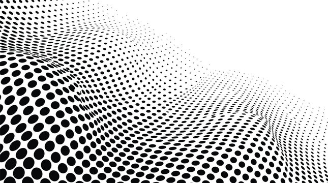 Abstract background design featuring black halftone dots arranged in a flowing three dimensional wavy pattern