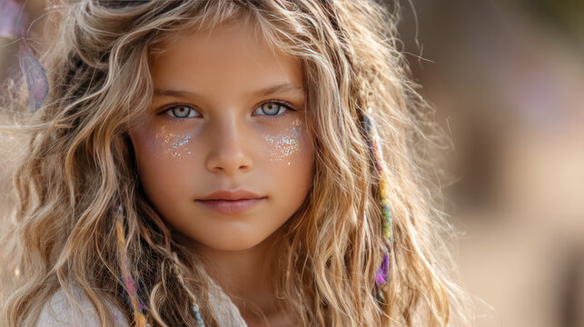 Young girl smiling wearing colorful glitter makeup on cheeks and bra ids, representing joy, celebration, summer festivals, childhood happiness, and playful energy outdoors