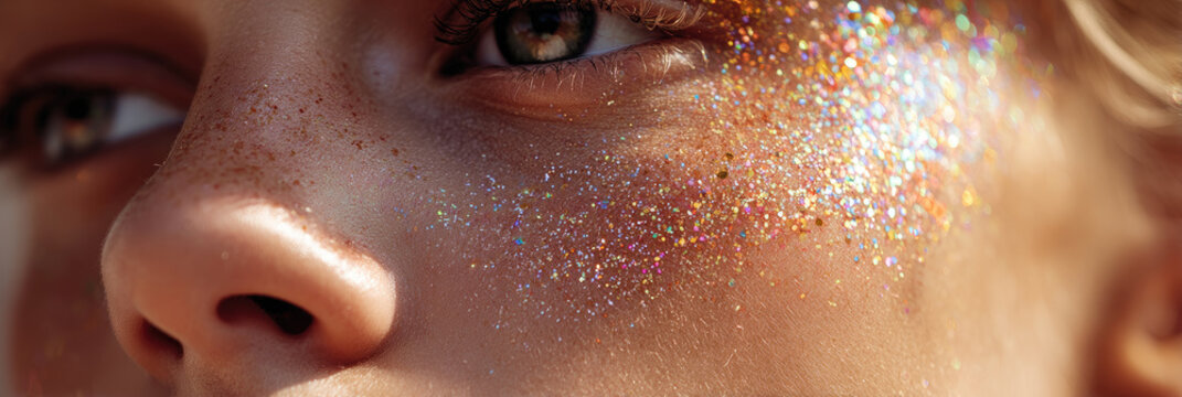 Young person's eyes with sparkling gold and silver glitter makeup around them, highlighting beauty and glamour for a festive occasion or bold artistic expression