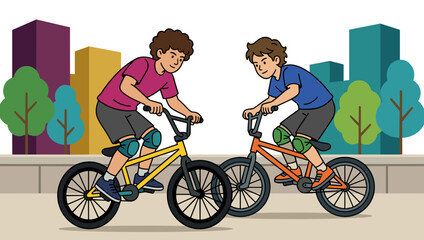 Fototapeta premium Two caucasian boys riding bmx bicycles on city street with colorful buildings and green trees background concept of urban childhood and outdoor activity