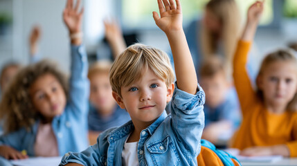 Fototapeta premium Close-up of elementary students raising hands in a classroom discussion with a teacher, class discussion concept, student engagement photography, active academic visualization,