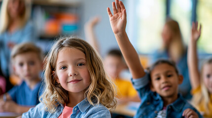 Fototapeta premium Close-up of elementary students raising hands in a classroom discussion with a teacher, class discussion concept, student engagement photography, active academic visualization,