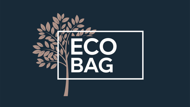 Modern eco bag logo design featuring a stylized brown tree silhouette behind a white rectangular frame on dark blue.